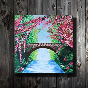 Spring Blossoms Bridge Art: Floral Acrylic Painting on Canvas