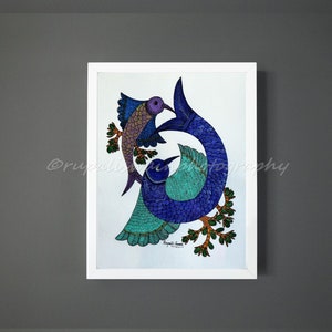 Gond Fish Watercolor Painting: Indian Folk Original & Art Print