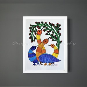 Gond Bird Watercolor Painting: Indian Folk Original & Art Print