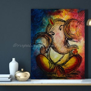 Lord Ganesha acrylic Painting with textured finish, Abstract traditional Hindu God 'Ganapati' Art, figurative wall art