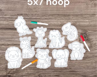 Diseños de muñecas para colorear planas, animales de la jungla, diseños en aro de 5 x 7, reutilizables y lavables.