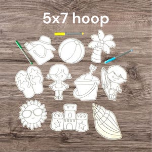 Diseños de muñecas para colorear planas, juego de día de playa, diseños en aro de 5 x 7, reutilizables y lavables