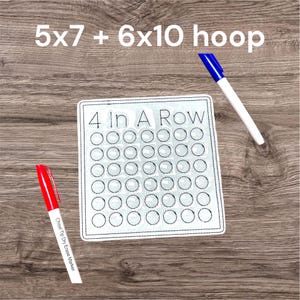 May include: A square white game board with the text 4 In A Row and a grid of circles, accompanied by a red dry erase marker and a blue dry erase marker. The text 5x7 + 6x10 hoop is visible at the top of the image, indicating embroidery hoop sizes.