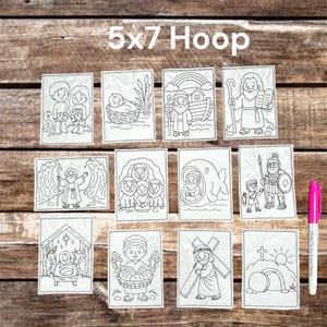 May include: A set of twelve rectangular white fabric patches featuring black line art illustrations of biblical scenes, including Adam and Eve, Noah's Ark, and the Nativity. The text 5x7 Hoop is printed at the top, and a pink dry erase marker is included.