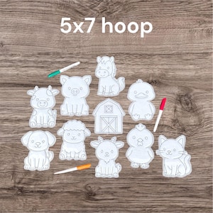 May include: A set of white, outline-style farm animal cutouts, including a cow, pig, horse, duck, sheep, goat, chicken, dog, and cat, plus a barn. The text "5x7 hoop" is at the top. Several coloured markers are also present.