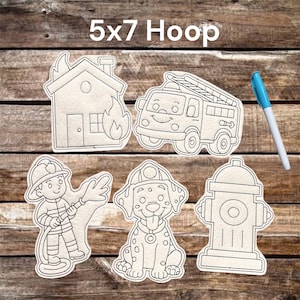 May include: Five white fabric shapes with black outlines featuring a house on fire, a fire truck, a firefighter, a dalmatian, and a fire hydrant. A blue marker is included. The text 5x7 Hoop is visible at the top of the image.