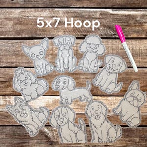 May include: A set of ten white dog-shaped embroidery appliques with black outlines, featuring various breeds including a poodle, dachshund, and bulldog. The text 5x7 Hoop is printed at the top, and a pink marker is positioned on the right side.