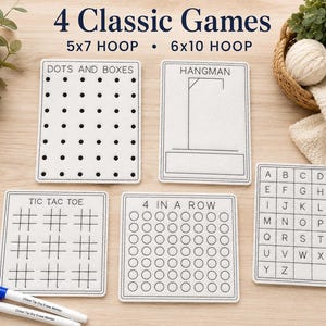 May include: A set of four classic games, including Dots and Boxes, Hangman, Tic Tac Toe, and 4 in a Row. Each game is displayed on a white rectangular card with black outlines and details. The text "4 Classic Games" is at the top.