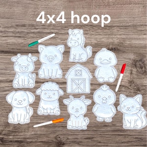 May include: A collection of felt farm animal shapes, including a cow, pig, horse, duck, barn, sheep, dog, goat, chicken, and cat. The text "4x4 hoop" is at the top. Markers are included.