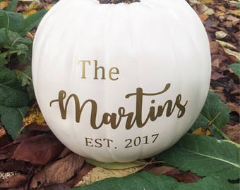 Personalized Vinyl decal, wedding gift, pumpkin decal, Halloween, Fall, DIY decal, family name decal, front door decor, white craft pumpkin