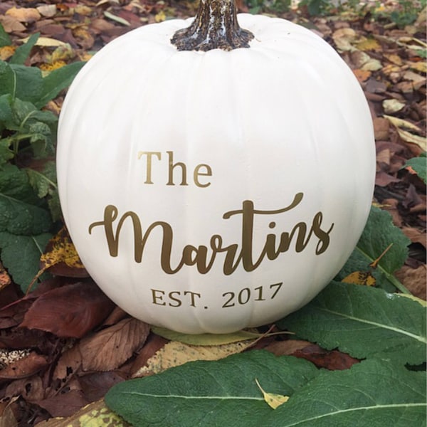 Personalized Vinyl decal, wedding gift, pumpkin decal, Halloween, Fall, DIY decal, family name decal, front door decor, white craft pumpkin