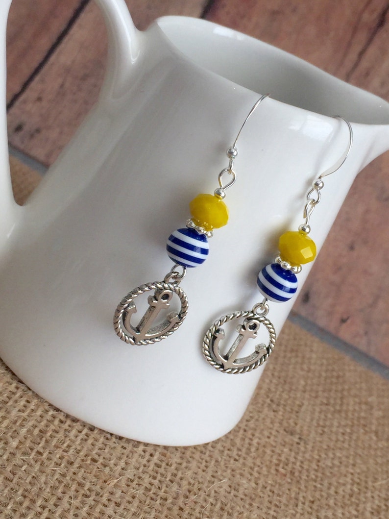 Stripe Navy Blue and Yellow Anchor Bead Earrings USNA Navy ...