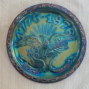 Bicentennial 1776-1976 Blue Iridescent Glass Plate Eagle Vintage USA