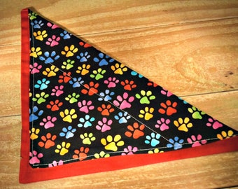 Multi Color Paw Prints Slip Through Collar No Tie Pet Bandana