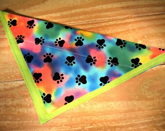 Black Paw Prints on Rainbow Tie Dye Slip Through Collar No Tie Pet Bandana