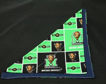 May include: Green and black bandana with a repeated pattern of a buffalo head and the words "The Herd" and "Marshall University".