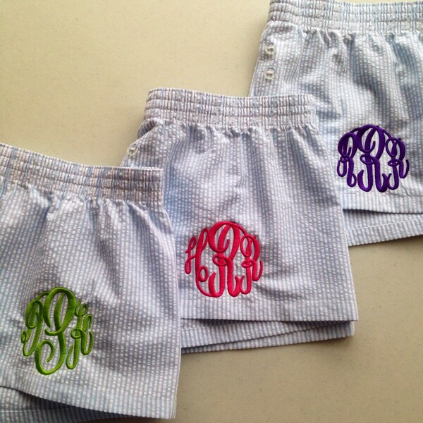 Closeout sale! Only 1 left! Monogrammed EXTRA LARGE Blue Seersucker Women's Pajama Shorts - Boxers