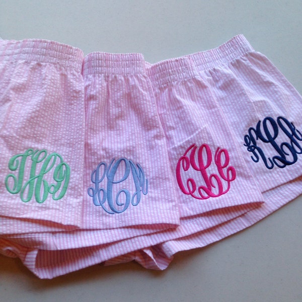 Closeout sale! Monogrammed MEDIUM Pink Seersucker Women's Pajama Shorts - Boxers