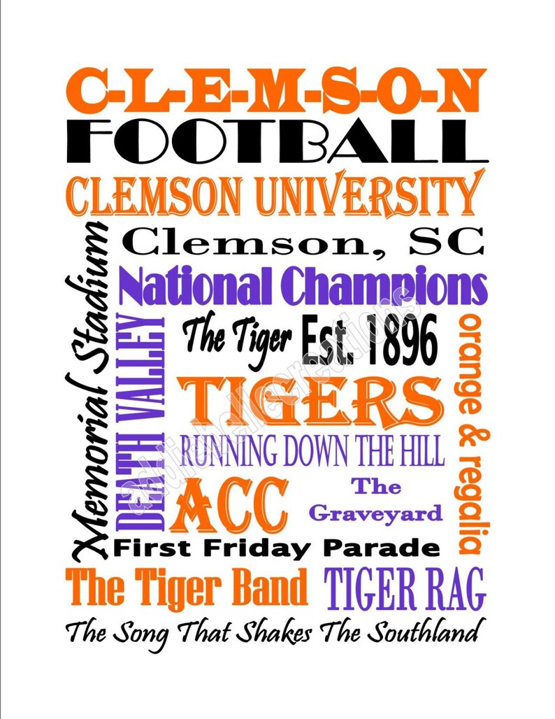 Instant Download Printable Clemson University Tigers Football Subway Art Sign