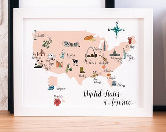 Mother's Day Gifts, United States Map Wall Art, Travel Wall Art, Americana, USA Map, Home Office Decor, American Art