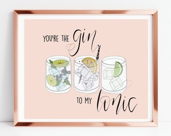 Signe de bar de mariage, signe de cocktail signature, signe de gin et de tonique, cadeau d’anniversaire, décor de panier de bar, art mural gin et tonique