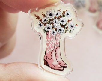 Pink Cowgirl Acrylic Pins, Floral Cowgirl Boots, Western Accessories, Fall Pin, Back to School Gifts, Cowgirl Birthday Gifts for Her