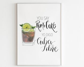 Cuba Libre Cocktail Illustration Art Print, Rum and Coke Wall Art, Bar Cart Accessories, Calligraphy Art Prints in Spanish, Cocktail Recipe