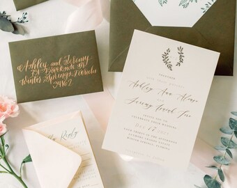 Forest Green Wedding Invitation, Luxury Wedding Invitation. Greenery Wedding Invites, Blush Ribbon, Gold Wax Seal,  Winter Wedding Invites