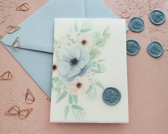 watercolor floral vellum wrap, dusty blue flower vellum jacket, diy wedding invites, vellum wrap for invites