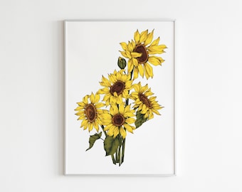 Sunflower Wall Art, Mother's Day Gifts, Floral Wall Art, Sunflower Drawing, Sunflower Illustration, Rustic Wall Art Spring Home Decor