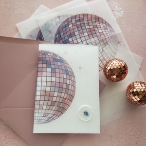 disco ball retro wedding invite, vellum wrap, vellum jacket, bach party disco ball invite, diy wedding invitations, groovy wedding theme image 5