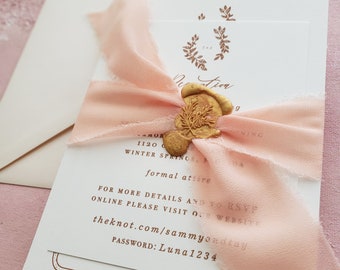 Peach Wedding Invitations, Gold Wax Seal Wedding Invites, Spring Wedding Invites, Wedding RSVP Card, Blush Wedding Invites