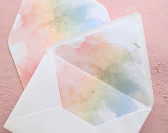 Pastell abstrakte Aquarell Umschlageinlagen, gedruckt, Set von 10, Hochzeitseinladungen DIY Kits, Euro Flap Umschlageinlagen, Sommerhochzeitseinladungen