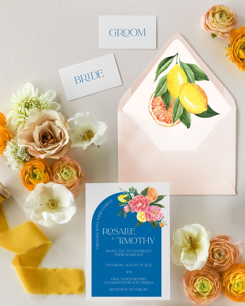 Lemon Wedding Invitation, Floral Summer Wedding Invitation, Citrus Wedding, Destination Wedding Invite, Floral Citrus Wedding Invites, Arch image 8