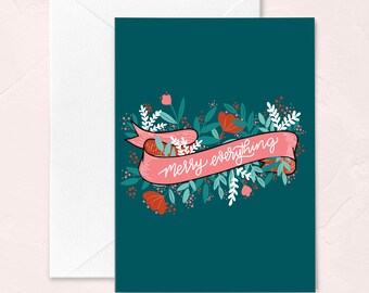 Merry Christmas Greeting Card, Box of 6, Merry Everything Holiday Floral Greeting Cards, Teal Floral Holiday Greeting Card