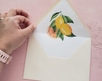 Lemon Envelope Liners, Summer Wedding Envelopes, Watercolor Citrus Wedding, Yellow Mediterranean Invite, Destination Wedding invitations