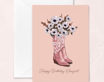 Joyeux Anniversaire Cowgirl, Carte D'anniversaire Fille, Thème D'anniversaire Western, Carte De Voeux D'anniversaire Cowgirl, Bottes De Cowboy Rose, Bottes De Cowboy Fleur