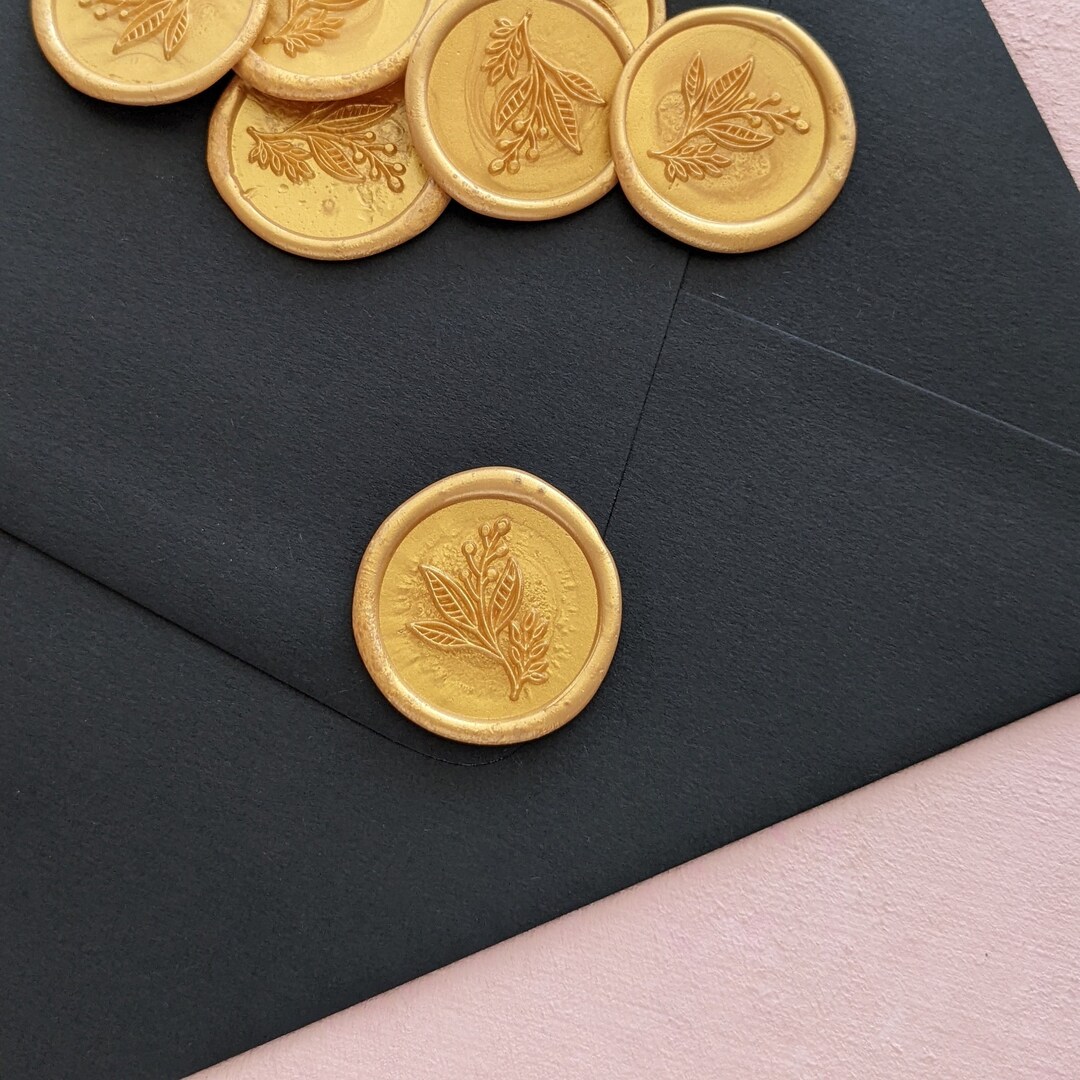 Gold Wax Seals, Gold Eucalyptus Wedding Wax Seals, Gold Wax Seal