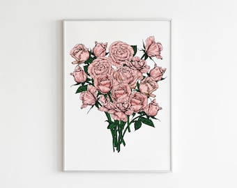 Pink Floral Wall Art, Mother's Day Gifts, Pink Rose Flower Wall Art, Pink Wall Art, Rose Wall Art, Floral Wall Art, Rose Floral Illustration