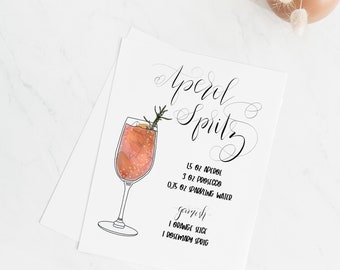 Father's Day Gifts, Bar Cart Decor, Graduation, Aperol Spritz Recipe, Cocktail Wall Art, Prosecco Lover, Cocktail Recipe Art