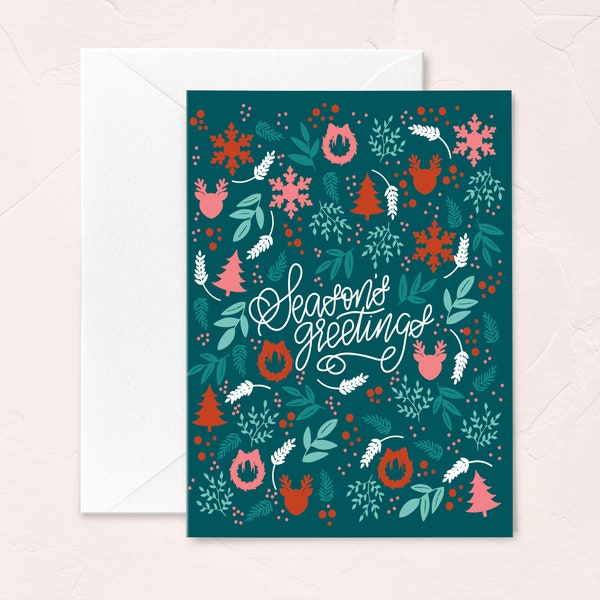 Season's Greetings Greeting Card, Christmas Greeting Cards, Maximalist Floral Card, Set of 6, Non-denominational, Modern Christmas Card Set
