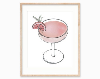 Cocktail rose Art Print, Bar Cart Art Print, Paloma Bar Wall Art, Cocktail Illustration Home Decor, Cadeau de pendaison de crémaillère, Happy Hour Art Print