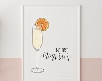 Pero primer signo de mimosas, decoración del hogar del brunch, impresión de arte del cóctel de Mimosa, decoración del carrito del bar, signo de ducha de la novia, signo del bar de la mimosa de la ducha del bebé