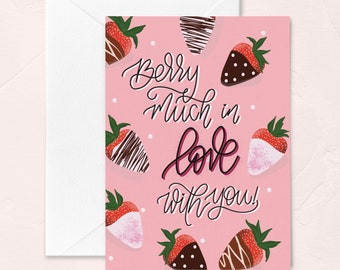 Valentine's Day Greeting Card, Berry Much in Love, Chocolate Covered Strawberries, Funny Cute Valentines Card, Husband Wife Valentine Card