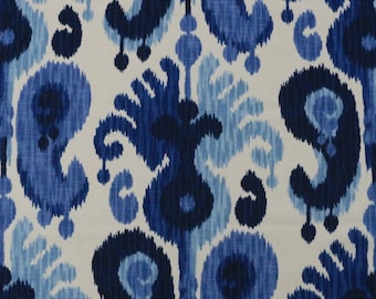 Ballard Designs BETHESDA BLUE Indigo White Graphic IKAT Linen Drapery Curtains Upholstery Pillow Craft Bedding Fabric By Yard 54&quot;Wide