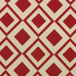 May include: A close-up of a fabric with a repeating geometric pattern. The design features red diamonds set against a cream-coloured background. The diamonds are outlined with cream-coloured lines, creating a bold, graphic look.