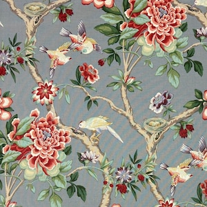 Tela de algodón Waverly MUDAN TEABERRY con diseño de pájaros, ramas florales grises, para muebles, almohadas, tapicería, cortinas, ropa de cama, cortada a medida, 54" de ancho.