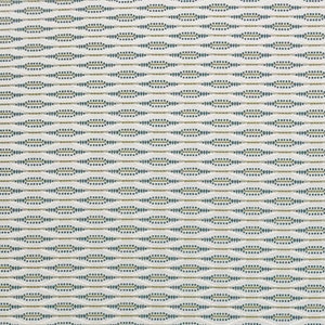 Könnte beinhalten: Ein weißer Stoff mit einem sich wiederholenden Muster aus kleinen blauen und goldenen Ovalen. Das Muster ist subtil und elegant.