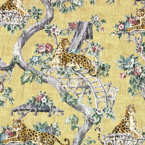 P Kaufmann LAZY DAYS GOLD Yellow Tiger Trees Vine Toile Upholstery Pillow Craft Drapery Cushion Bedding 100% Cotton Fabric By Yard 54"Wide