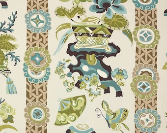 VERVAIN BIANCARA BLUE Cream Green Floral Asian Butterfly Theme Pillow Cushion Upholstery Bedding Drapery Designer Fabric By Yard 54"Wide